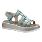 Sandali donna in pelle con zeppa e cinturini azzurro cielo, vista frontale – Made in Italy Cristhàlia