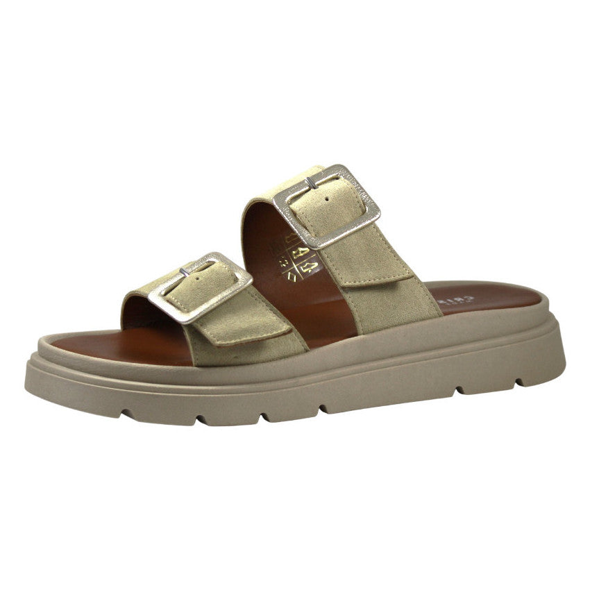 Sandalo con Doppia Fascia e Fibbia - Donna - Camoscio Sabbia