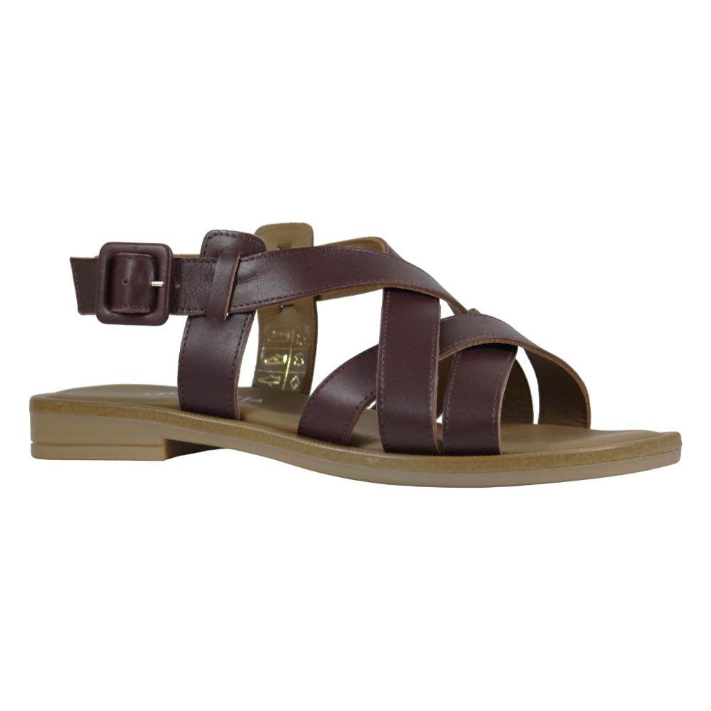 Sandalo flat donna fascette incrociate pelle testa di moro - vista tre quarti