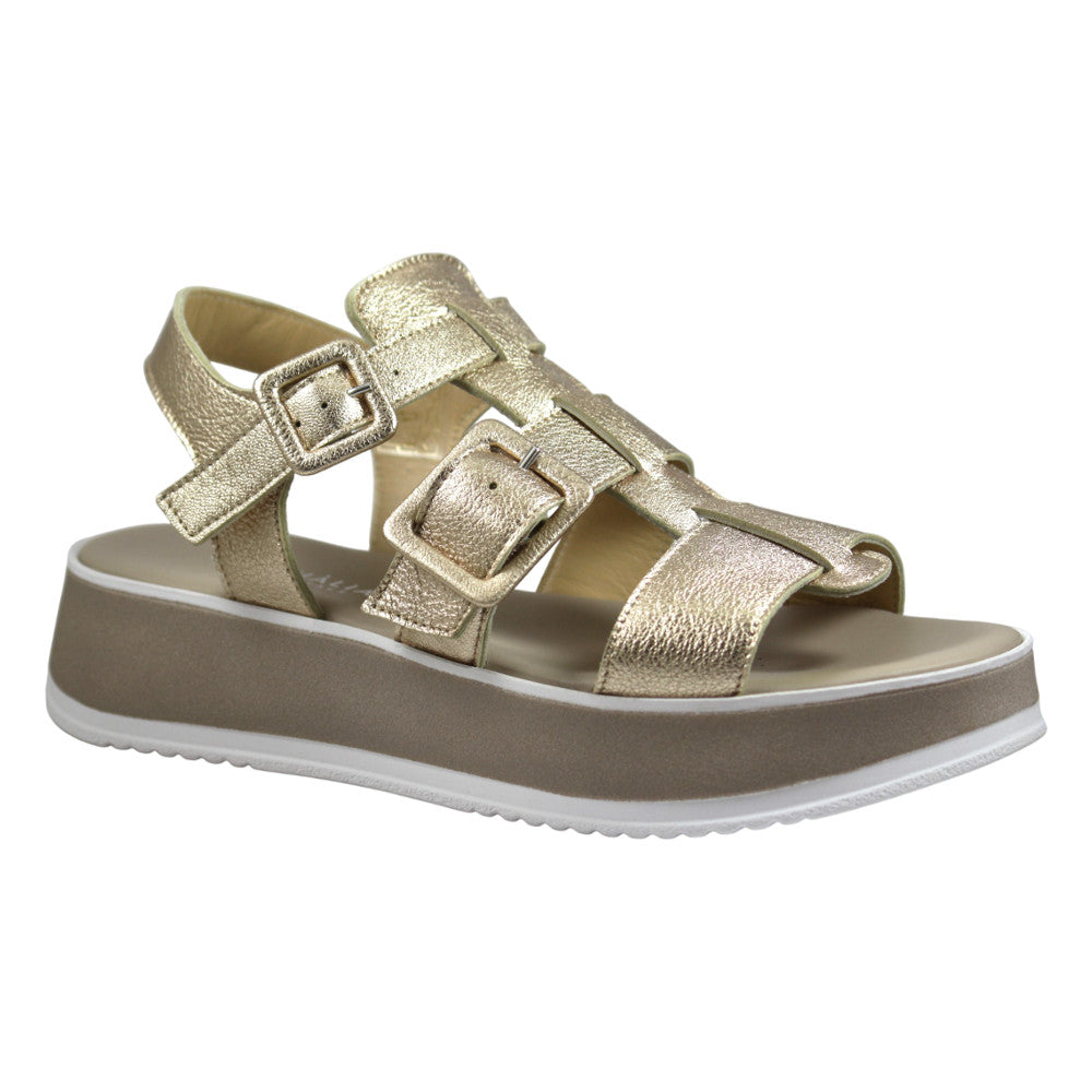 Sandalo platform donna in pelle bronzo con doppia fibbia, vista frontale – Made in Italy Cristhàlia