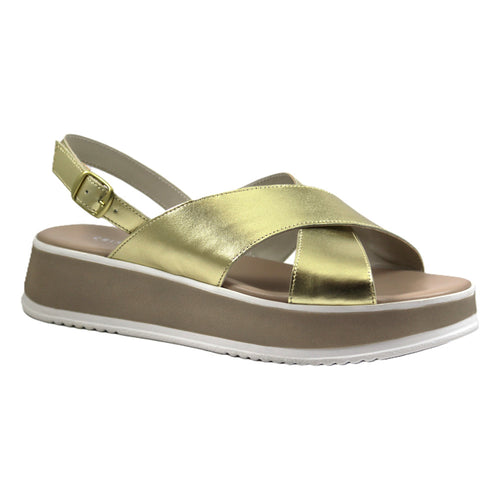 Sandali donna con zeppa platino e cinturini incrociati, vista frontale – Made in Italy Cristhàlia