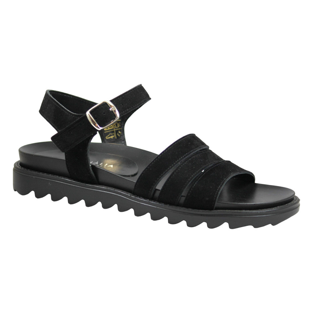 Sandali donna ragnetto con zeppa in camoscio nero, vista frontale – Made in Italy Cristhàlia