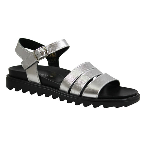 Sandali donna artigianali con tre cinturini in pelle argento e fussbet anatomico, suola dentellata in gomma – Made in Italy | Cristhàlia