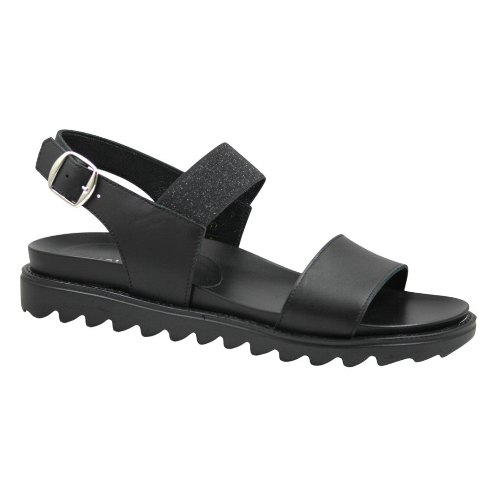 Sandali elasticizzati donna neri con glitter e fondo dentellato, vista frontale – Made in Italy Cristhàlia