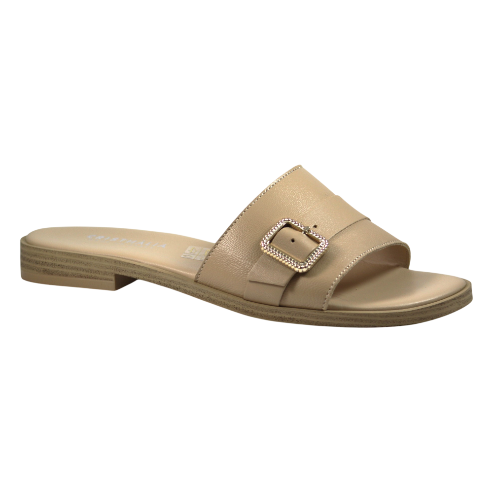 Pantoufles en cuir faites main avec boucle - Femme - Beige