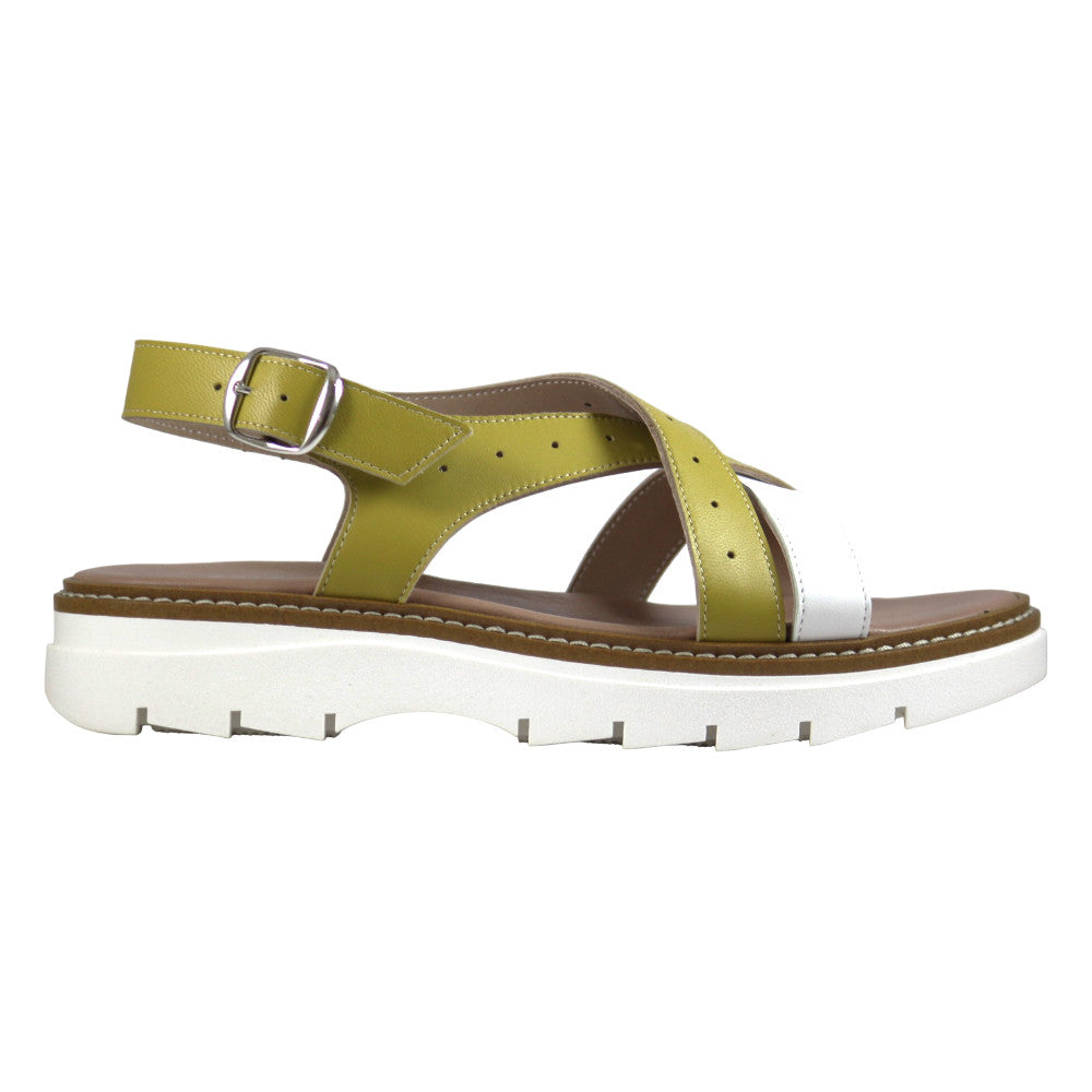 Sandalo platform bicolore giallo e bianco con fascette larghe incrociate in pelle – Made in Italy