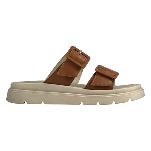Ciabatta slider donna doppia fascia larga pelle cuoio cognac fibbia quadrata oversize argentata suola platform chunky bianco panna - vista laterale
