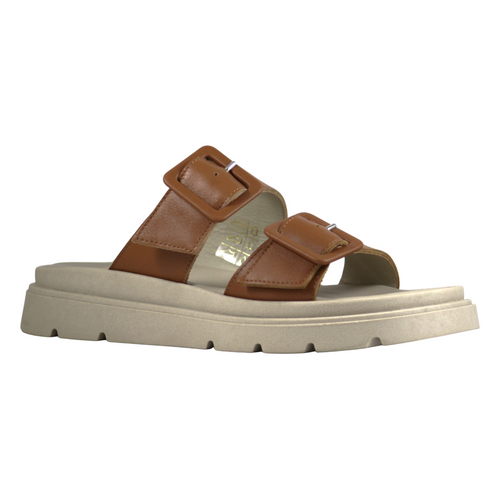 Ciabatta slider donna doppia fascia larga pelle cuoio cognac fibbia quadrata oversize argentata suola platform chunky bianco panna - vista tre quarti