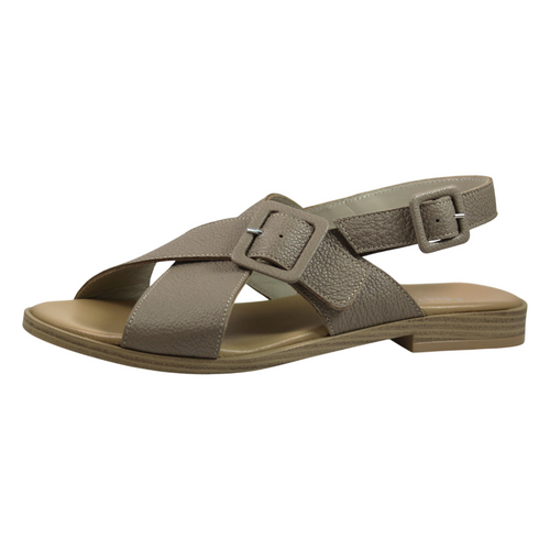 Sandali bassi donna in pelle taupe martellato, vista frontale – Made in Italy Cristhàlia