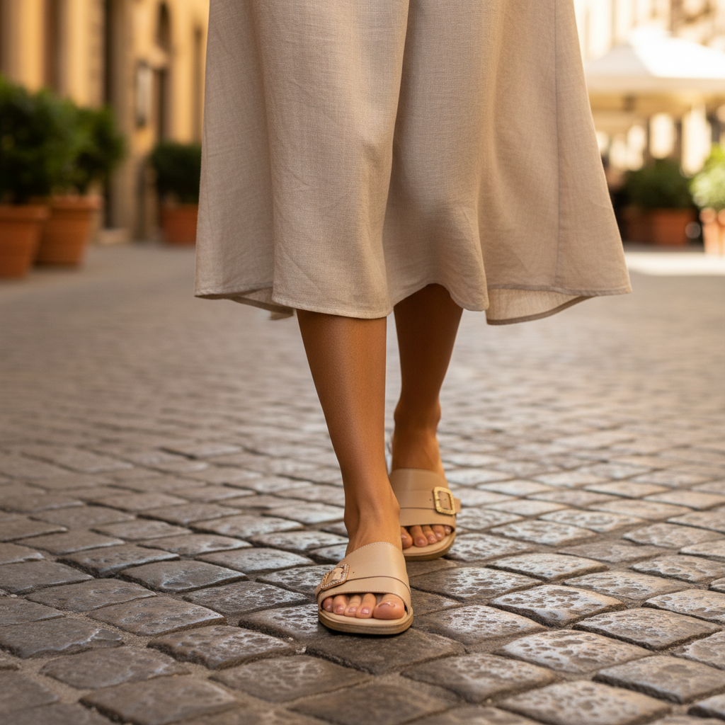 Ciabatta Artigianale in Pelle con Fibbia - Donna - Beige