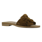 Ciabatta donna camoscio cuoio con fiocco – vista laterale – Made in Italy – Cristhàlia Outlet