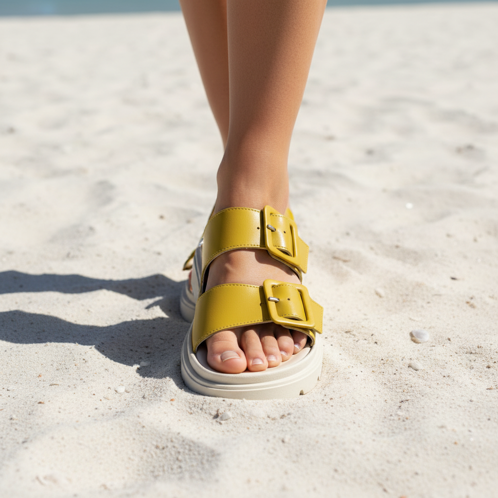 Double Strap Slider Mule with Oversized Buckle – Mustard Yellow Leather