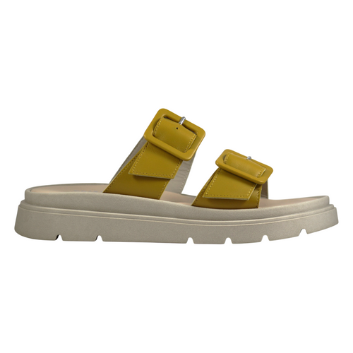 Ciabatta slider donna doppia fascia larga pelle giallo senape con fibbia quadrata oversize argentata suola platform bianco panna – Made in Italy