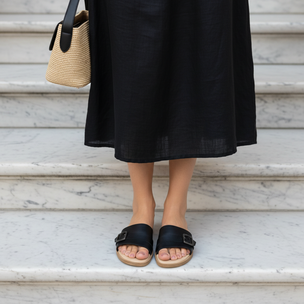 Ciabatta Artigianale in Pelle nera con Fibbia - Donna