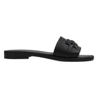 Ciabatta slide pelle nera fascia larga hardware catena gunmetal – vista laterale destra – Cristhàlia