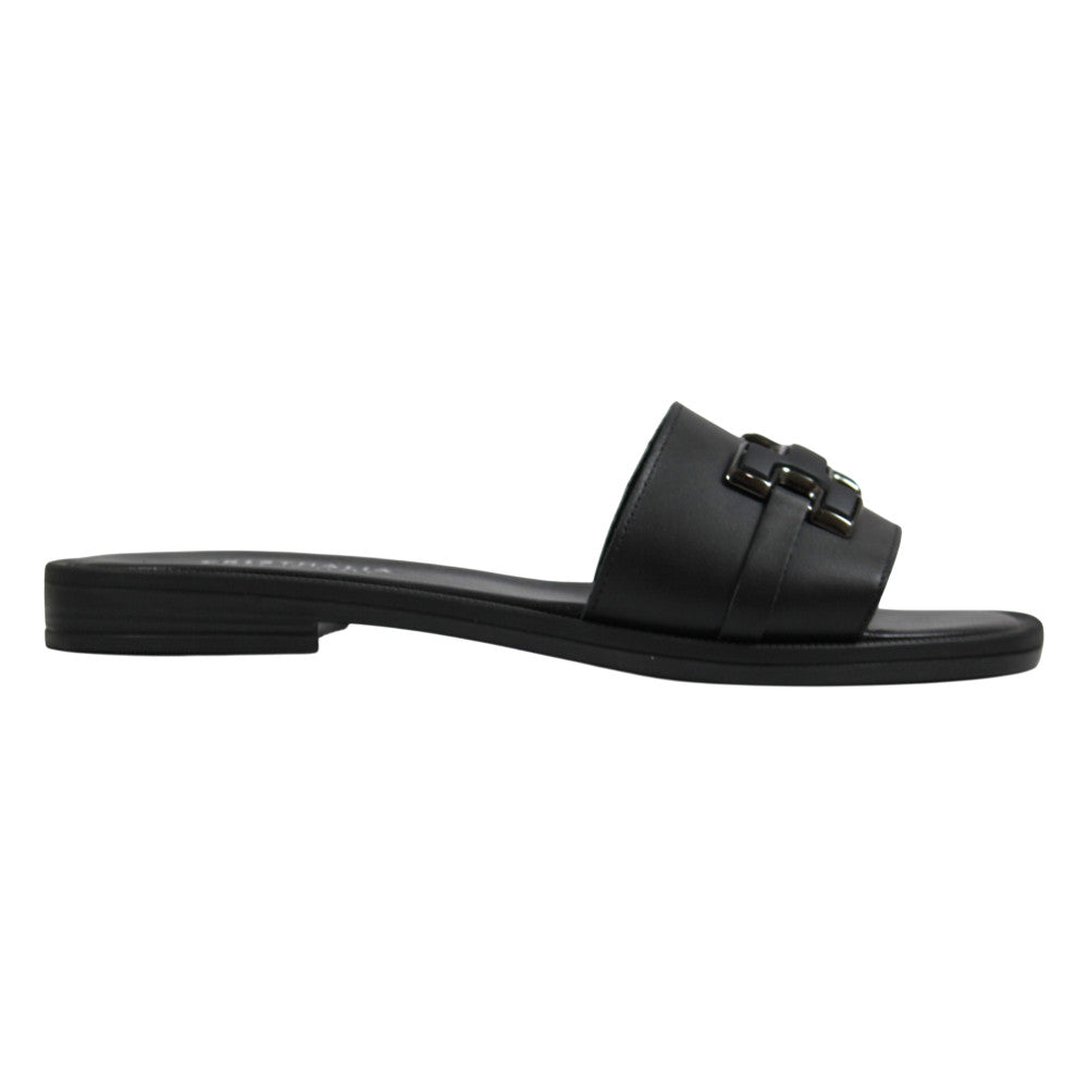 Ciabatta slide pelle nera fascia larga hardware catena gunmetal – vista laterale destra – Cristhàlia