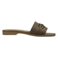 Ciabatta slide camoscio taupe fascia larga hardware catena dorata – vista laterale destra – Cristhàlia