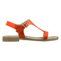 Sandalo artigianale donna in pelle arancio con cinturino a T – vista laterale – Cristhàlia Made in Italy