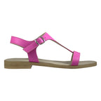 Sandalo artigianale donna in pelle fuxia con cinturino a T – vista laterale – Cristhàlia Made in Italy