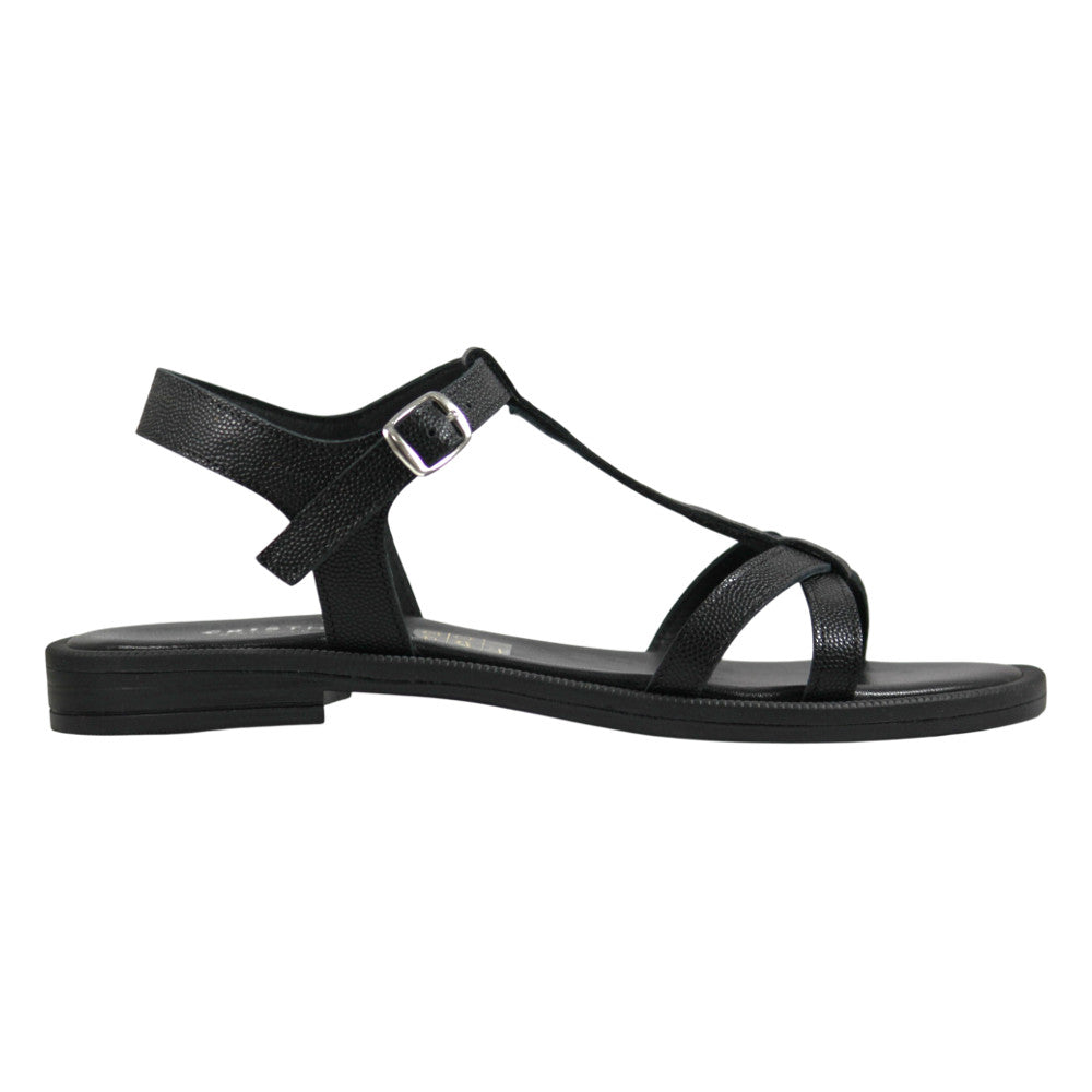 Sandalo artigianale donna in pelle grana nera con fascette incrociate – vista laterale – Cristhàlia Made in Italy