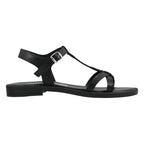 Sandalo artigianale donna in pelle grana nera con fascette incrociate – vista laterale – Cristhàlia Made in Italy