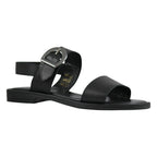 Sandalo piatto pelle nera doppia fascia fibbia oversize argento – vista laterale sinistra – Cristhàlia