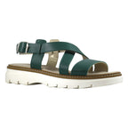 Sandalo platform fasce incrociate pelle verde petrolio fibbia argento suola lug bianca – vista tre quarti – Cristhàlia