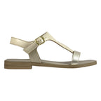 Sandalo artigianale donna in pelle laminata platino con cinturino a T – vista laterale – Cristhàlia Made in Italy