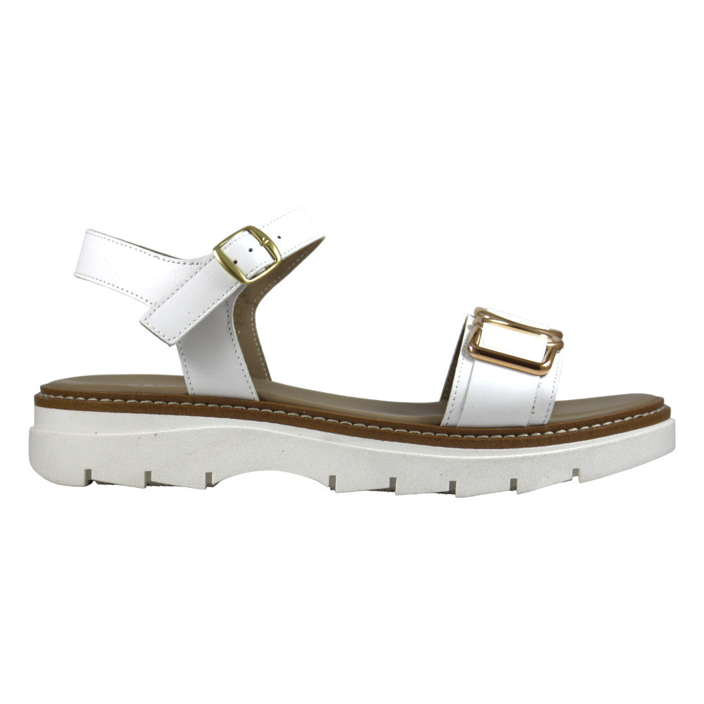 Sandalo donna in pelle bianca con doppia fascia e fibbia dorata, suola chunky – Cristhàlia Outlet