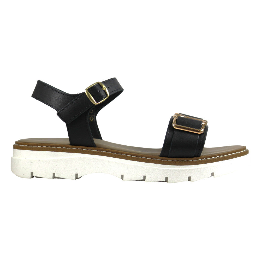 Sandalo donna in pelle nera con doppia fascia e fibbia dorata, suola chunky – Cristhàlia Outlet
