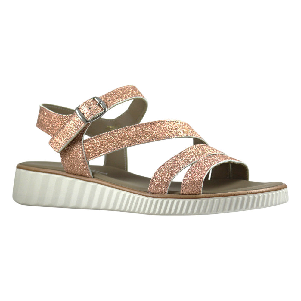 Sandalo fascette incrociate rosa antico glitter con cinturino alla caviglia – Made in Italy – Cristhàlia Outlet