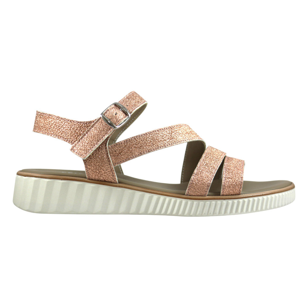 Sandalo donna con fascette incrociate in pelle rosa antico glitter, suola platform bianca – Cristhàlia Outlet