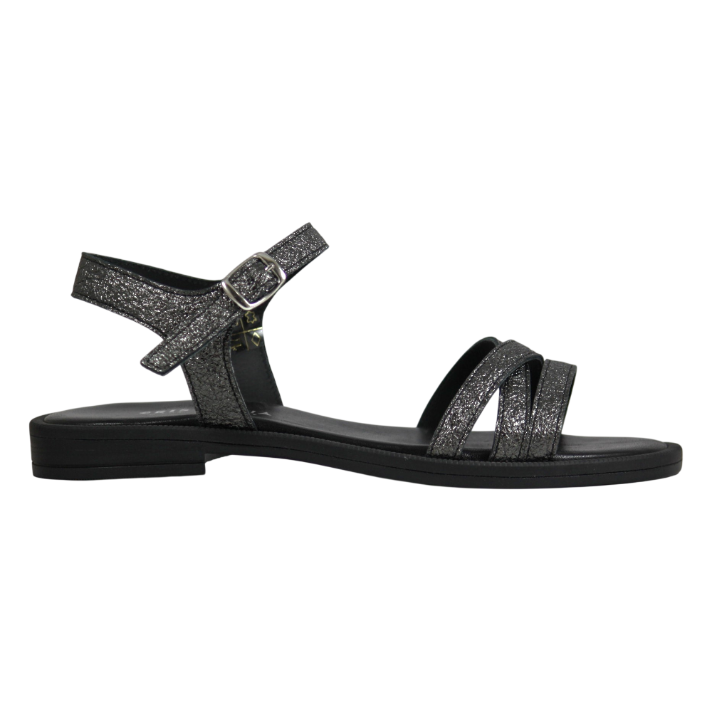 Sandalo flat donna tre cinturini incrociati pelle nero antracite glitter con cinturino alla caviglia fibbia silver suola nera – Made in Italy