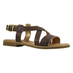 Sandalo flat marrone con fasce incrociate in pelle – vista tre quarti – Cristhàlia
