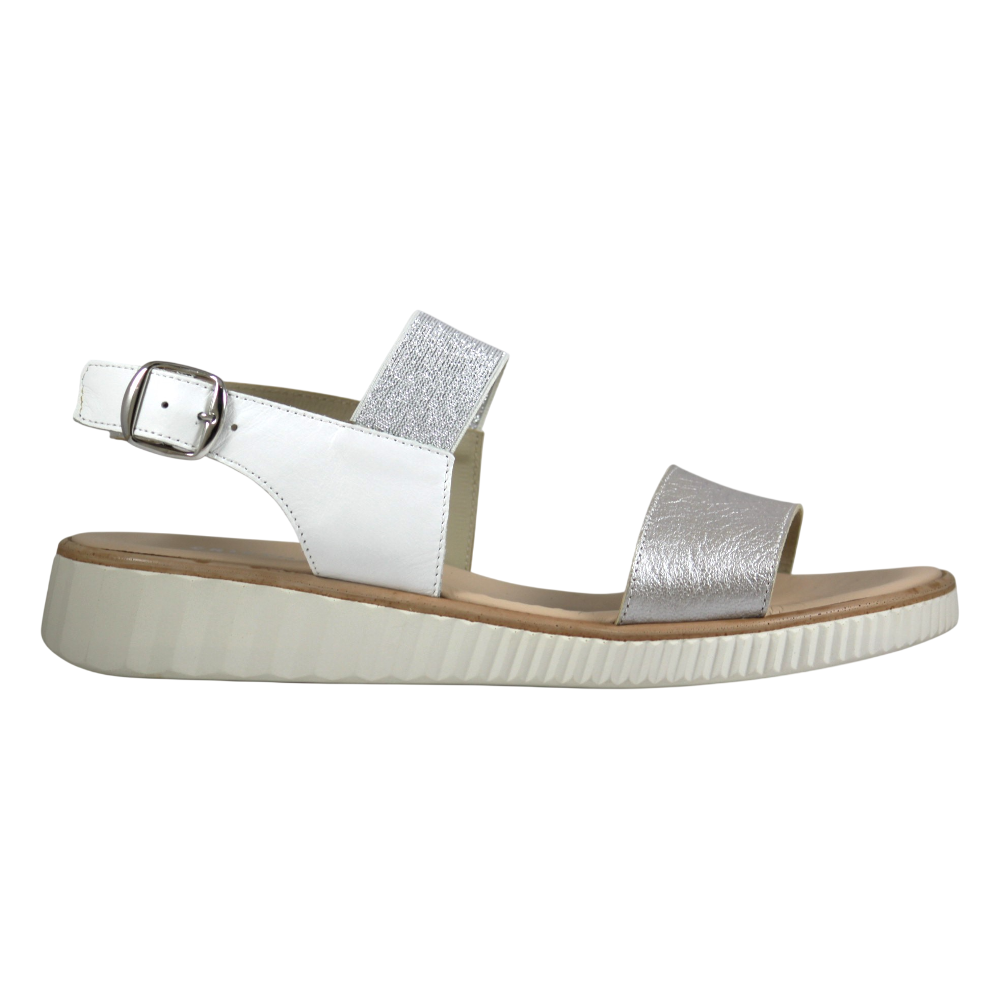 Sandalo flatform donna due fasce pelle bianca e argento laminato con suola bianca e cinturino alla caviglia fibbia silver – Made in Italy