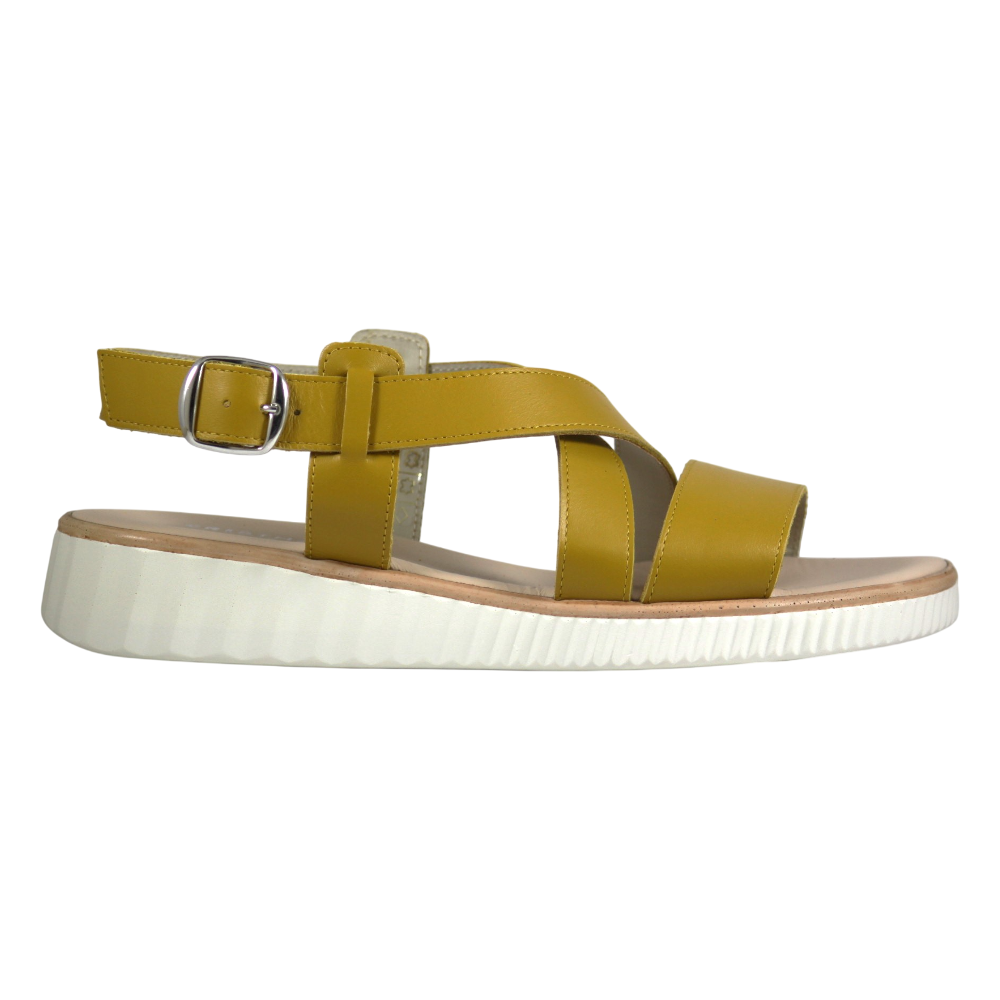 Sandalo flatform donna fascette incrociate pelle curry con suola bianca e cinturino alla caviglia fibbia silver – Made in Italy