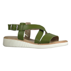Vista tre quarti sandalo flatform donna pelle verde militare fascette larghe suola bianca – Cristhàlia