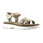Sandalo donna in pelle beige tortora con doppia fibbia oro oversize e suola carrarmato bianca - vista frontale