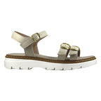 Sandalo donna in pelle beige tortora con doppia fibbia oro oversize e suola carrarmato bianca - vista laterale