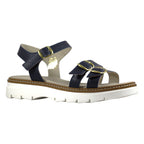 Sandalo donna in pelle martellata blu navy con doppia fibbia oro oversize e suola carrarmato bianca - vista frontale