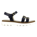 Sandalo donna in pelle martellata blu navy con doppia fibbia oro oversize e suola carrarmato bianca - vista laterale