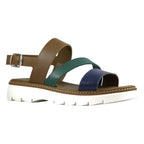 Sandalo donna in pelle multicolor cuoio verde blu con fasce incrociate e suola carrarmato bianca - vista frontale