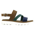 Sandalo donna in pelle multicolor cuoio verde blu con fasce incrociate e suola carrarmato bianca - vista laterale