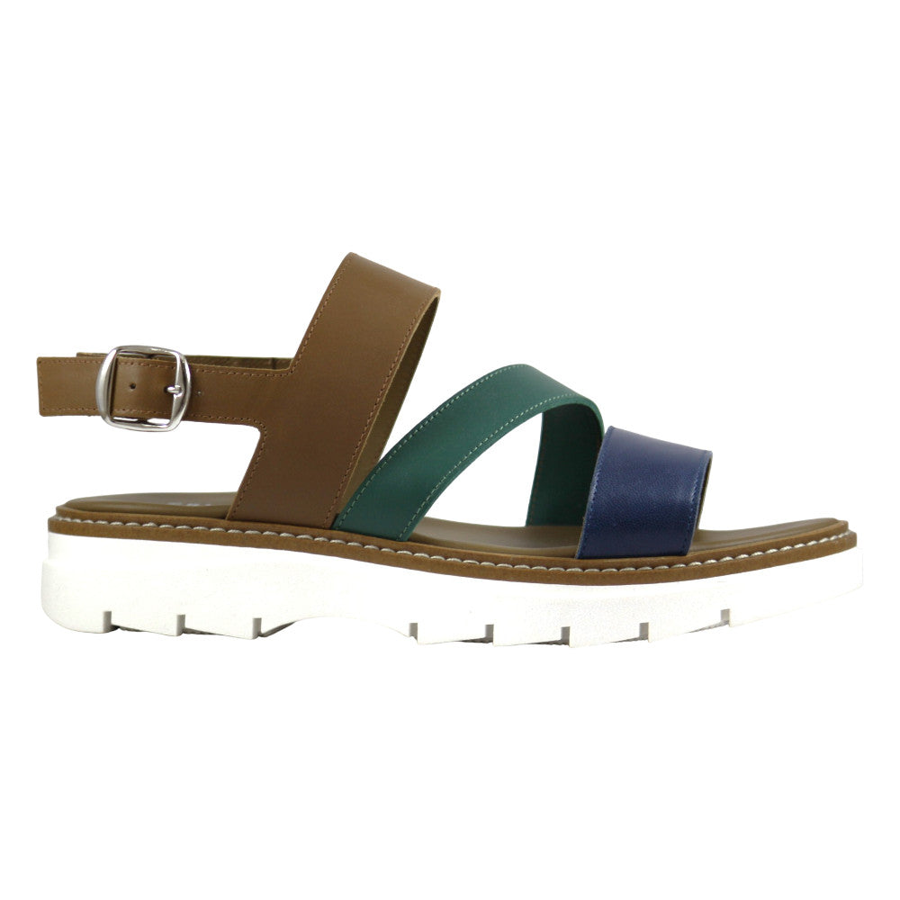 Sandalo donna in pelle multicolor cuoio verde blu con fasce incrociate e suola carrarmato bianca - vista laterale