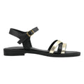 Sandalo flat donna in pelle nera con fasce incrociate laminato oro e fibbia oro - vista laterale