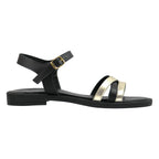 Sandalo flat donna in pelle nera con fasce incrociate laminato oro e fibbia oro - vista laterale