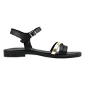 Sandalo flat donna in pelle nera con fasce incrociate laminato oro e cinturino alla caviglia - vista laterale