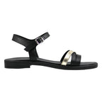 Sandalo flat donna in pelle nera con fasce incrociate laminato oro e cinturino alla caviglia - vista laterale
