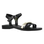 Sandalo flat donna in pelle nera con fasce incrociate laminato oro e cinturino alla caviglia - vista frontale