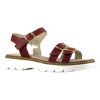Sandalo donna in pelle martellata rosso bordeaux con doppia fibbia oro oversize e suola carrarmato bianca - vista laterale